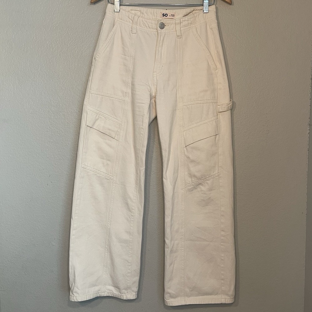 SO Goods For Life 3 Short High Rise Cargo Wide Leg Cream Denim Jeans
